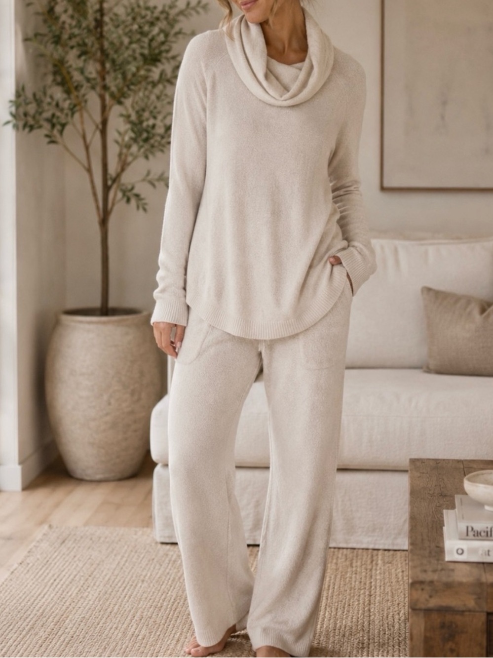 Barefoot dreams cozy chic ultra light Cowl Neck Sweater tunic in Cream